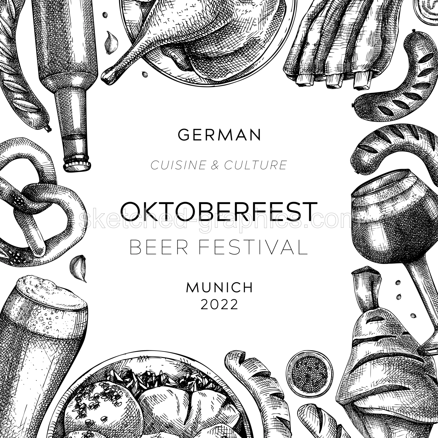 Oktoberfest background. German food and drinks menu design. Vector meat dishes sketches. German cuisine frame. Beer festival black and white illustration in sketched style. Oktoberfest party Illustration